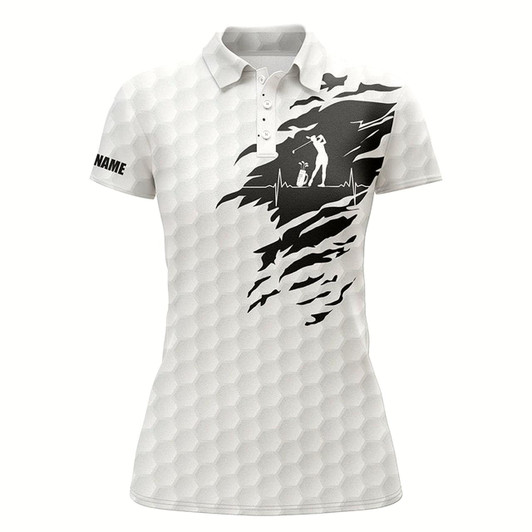 Goofygear Womens Golf Polo Shirts Custom Name Golf Ball Pattern White Golf Shirt, Gifts For Golf Lovers