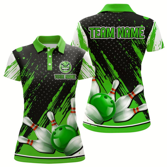 Goofygear Personalized Polo Bowling Shirts For Women Funny Green Bowling Team Jersey