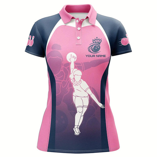 Goofygear Blue And Pink Women Bowling Polo Shirts Custom Bowling Team Shirts, Personalized Bowling Jerseys