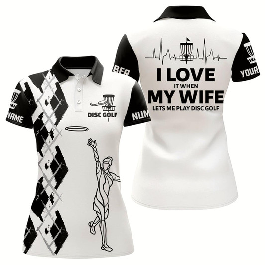 Goofygear Black And White Argyle Womens Disc Golf Polo Shirts, Custom Golf Shirts For Women, Disc Golf Gifts