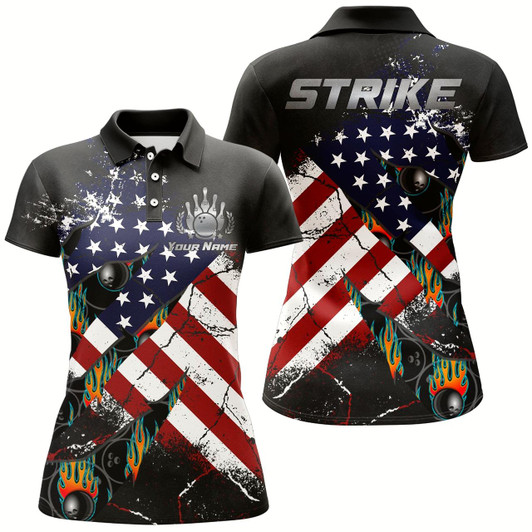 Goofygear American Flag Bowling Shirt For Women Custom Bowling Jersey Strike Patriot League Lady Polo Shirt