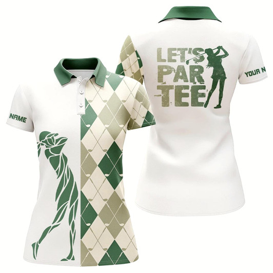 Goofygear Green And White Golf Shirt Argyle Pattern Golf Clubs Custom Name Womens Golf Polo Shirts Let'S Par Tee