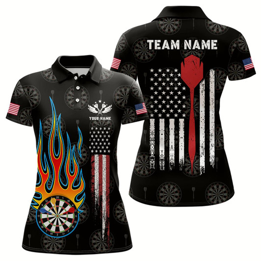 Goofygear Flame Darts American Flag Womens Darts Polo Shirt Custom Patriotic Dart Jerseys For Women