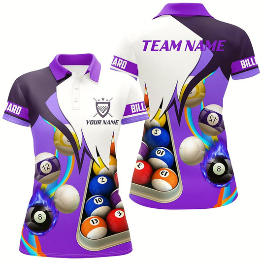 Goofygear Personalized Purple 3D Billiard Balls Polo Shirts For Women, Custom Pool Billiard Team Shirts