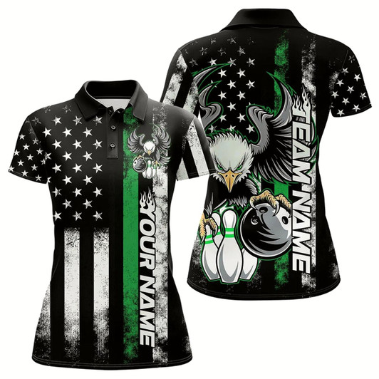 Goofygear Custom Green Thin Line American Flag Eagle Bowling Women Polo Shirts, Patriotic Us Bowling
