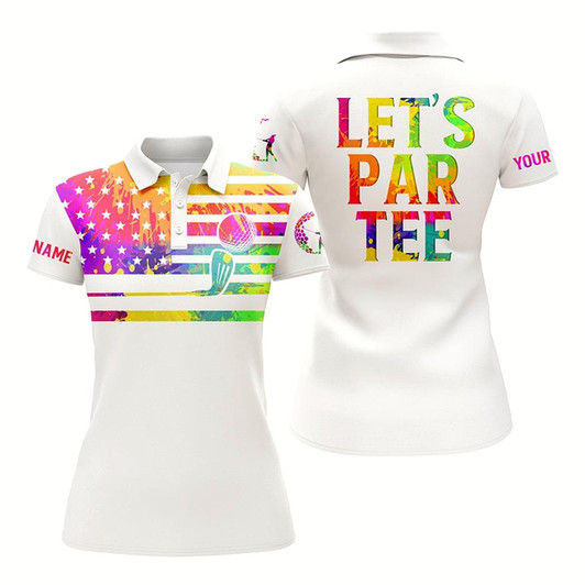 Goofygear Womens Golf Polo Shirts Watercolor American Flag Custom Name Let’S Par Tee White Golf Shirt