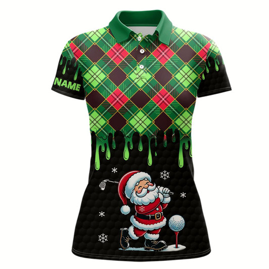 Goofygear Green Argyle Christmas Pattern Santa Golfer Women Golf Polo Shirts Custom Golf Attire For Ladies