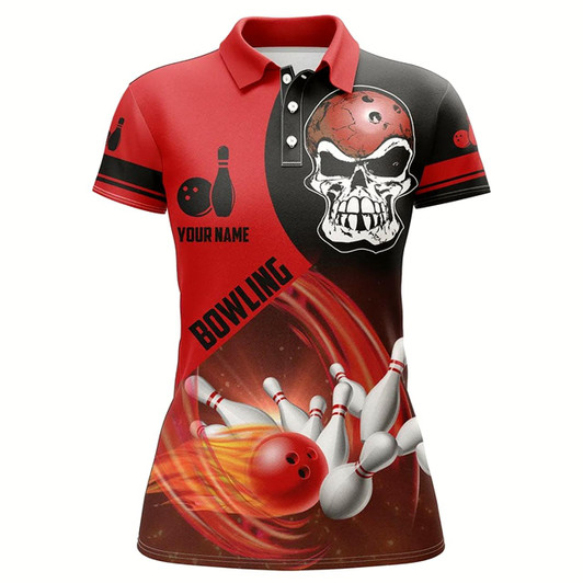 Goofygear Red And Black Bowling Ball And Pins Women Polo Shirts Custom Skull Bowling Team Jerseys