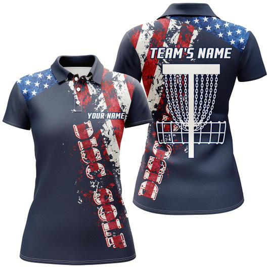 Goofygear American Flag Patriotic Womens Disc Golf Polo Shirt Custom Team Disc Golf Basket Shirts Blue Navy