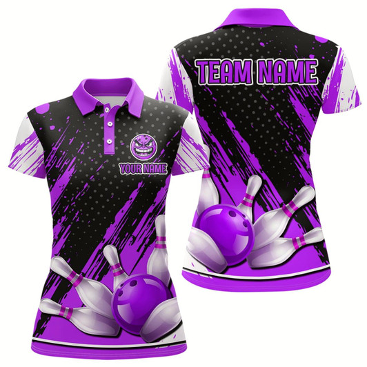 Goofygear Personalized 3D Polo Bowling Shirts For Women Funny Purple Bowling Team Jersey
