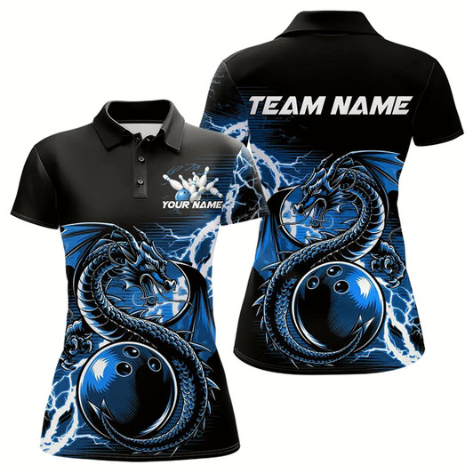 Goofygear Custom Black And Blue Thunder Lightning Dragon Bowling Womens Polo Shirts, Bowlers Outfits