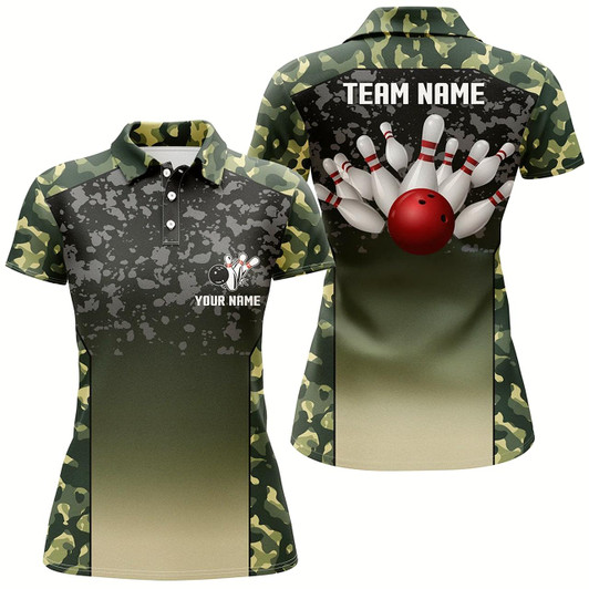 Goofygear Green Camo Bowling Polo Shirts For Women Custom Team Shirts Bowling Jerseys, Gifts For Bowlers