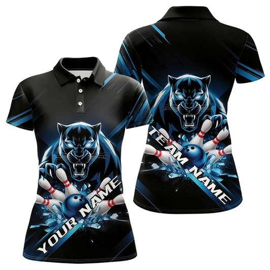 Goofygear Custom Black And Blue Panther Bowling Polo Shirts For Women, Bowling Team Uniform