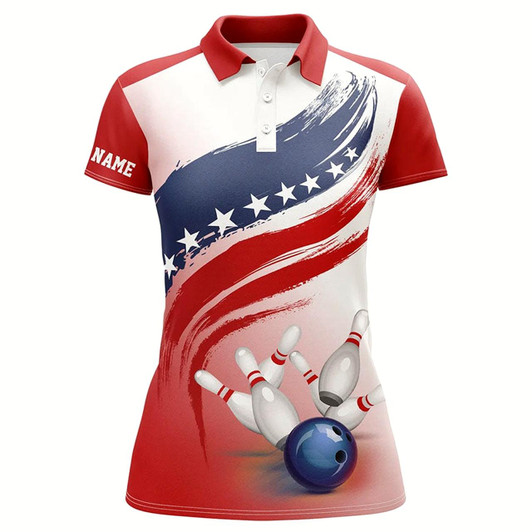 Goofygear American Flag Bowling Ball And Pins Polo Shirt Women Bowling Jerseys Custom Bowling Team Shirts
