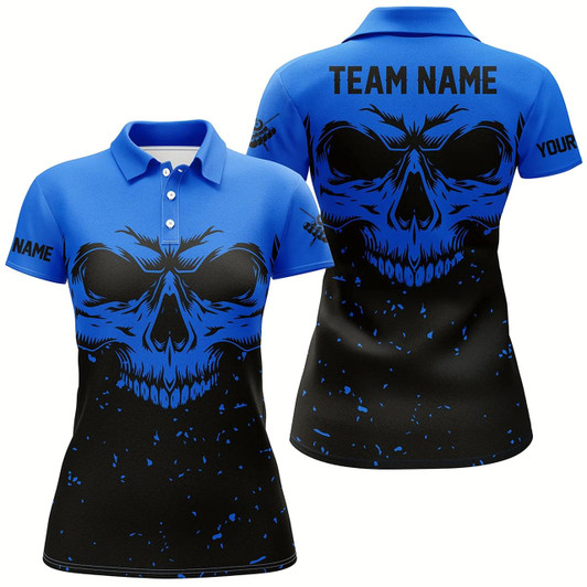 Goofygear Custom Grunge Black Blue Skull Billiard Women Polo Shirts, 8 Ball Billiards Apparel Clothing
