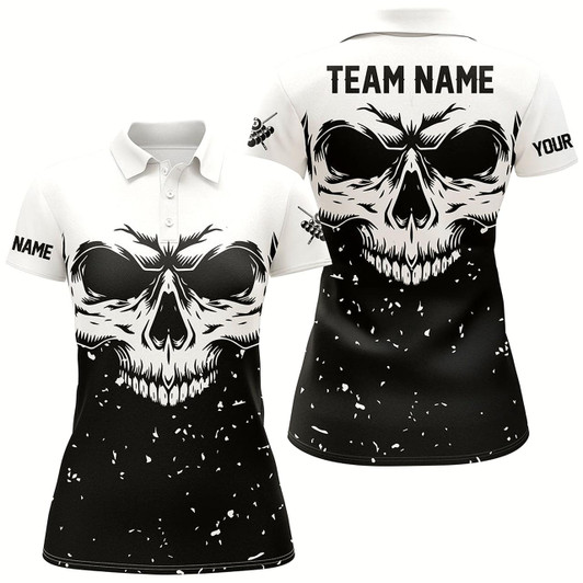 Goofygear Custom Grunge Black White Skull Billiard Women Polo Shirts, 8 Ball Billiards Apparel Clothing