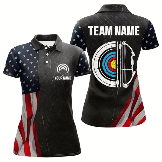 Goofygear Personalized Retro Us Flag Archery Polo Shirts For Women Custom Patriotic Archery Jersey For Archer