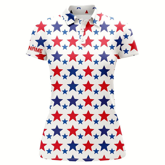 Goofygear Red, White And Blue Stars Pattern Women Golf Polo Shirts Custom Patriotic Golf Top For Ladies