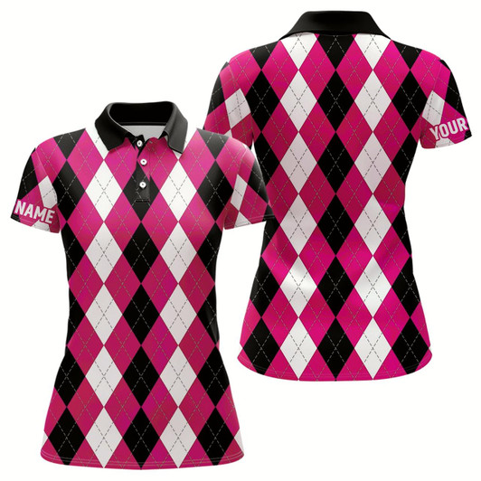 Goofygear Womens Golf Polo Shirts Custom Pink Argyle Plaid Pattern Golf Attire For Women, Golf Gifts