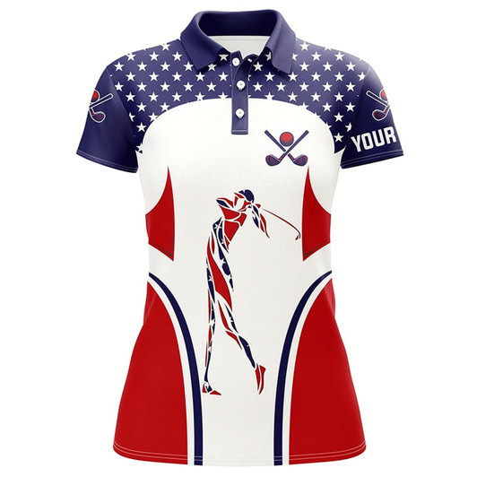 Goofygear Red, White And Blue American Flag Womens Golf Polo Shirts Custom Patriotic Womens Golf Tops