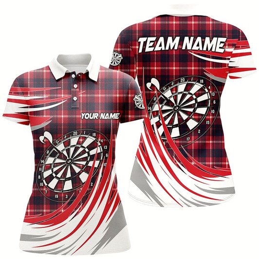 Goofygear Personalized Red Darts Board Plaid Pattern Women Darts Polo Shirts Custom Darts Team Jersey Attire