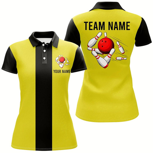 Goofygear Personalized Yellow Black Retro Bowling Polo Shirt For Women Custom Vintage Bowling Team Jerseys