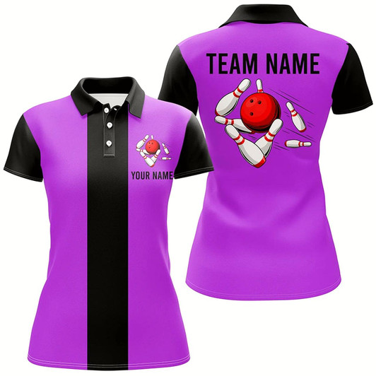 Goofygear Personalized Purple Black Retro Bowling Polo Shirt For Women Custom Vintage Bowling Team Jerseys