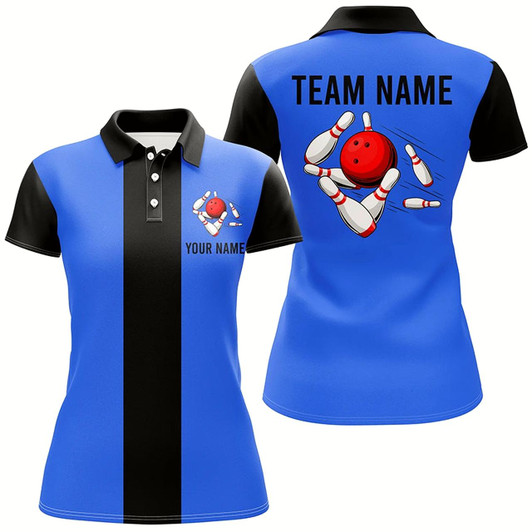 Goofygear Personalized Blue Black Retro Bowling Polo Shirt For Women Custom Vintage Bowling Team Jerseys