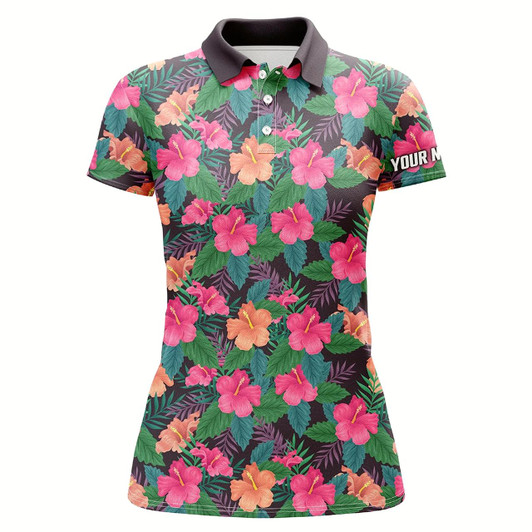 Goofygear Womens Golf Polos Shirts Custom Name Colorful Hibiscus Flower Tropical Pattern Golf Tops For Women