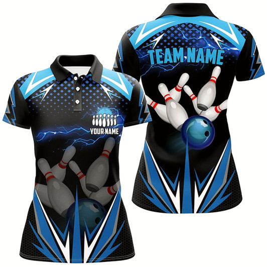 Goofygear Black Women Bowling Polo Shirt Custom Blue Lightning Team Ladies Bowlers Jerseys Bowling Outfits