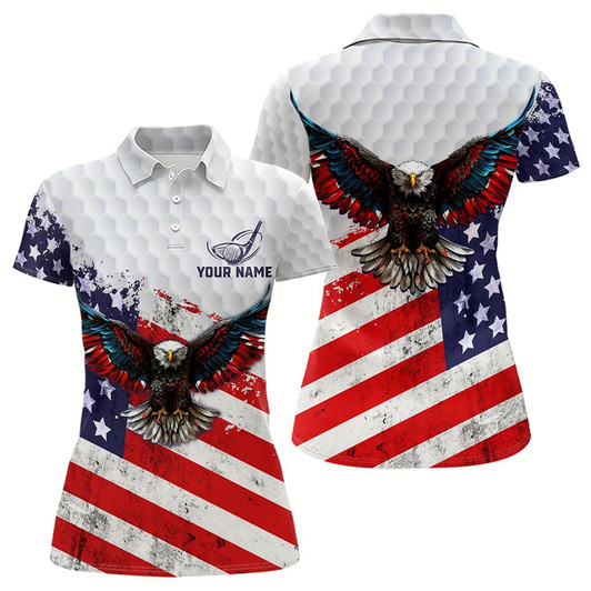 Goofygear Personalized American Flag Eagle White Women Golf Polo Shirts Custom Patriotic Golf Tops For Ladies