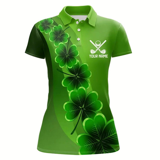 Goofygear Green Shamrock Lucky Women Polo Golf Shirts Custom St Patrick Day Golf Apparel For Ladies