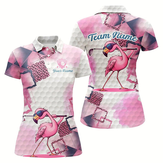 Goofygear Pink Flamingo Leopard Pattern Women Golf Polo Shirts Custom Golf Outfits For Ladies, Flamingo Tops