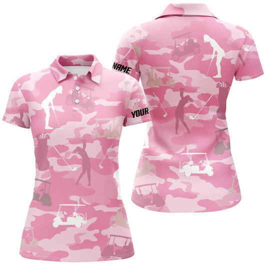 Goofygear Pink Camo Womens Golf Polos Shirts Custom Name Pink Golf Shirts For Women, Golfing Gifts