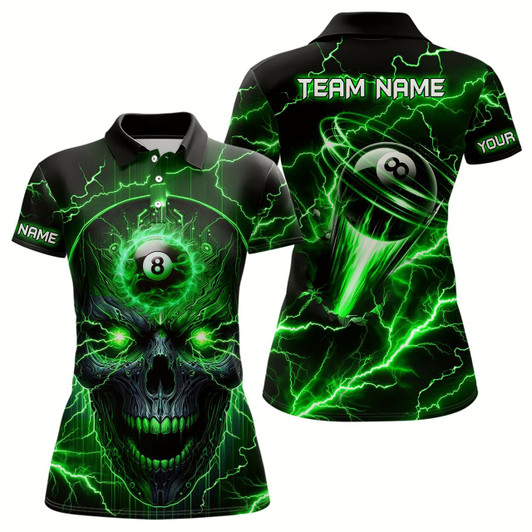 Goofygear Personalized Skull Billiard Polo Shirts For Women Custom Name 8 Ball Pool Billiard Jerseys Green