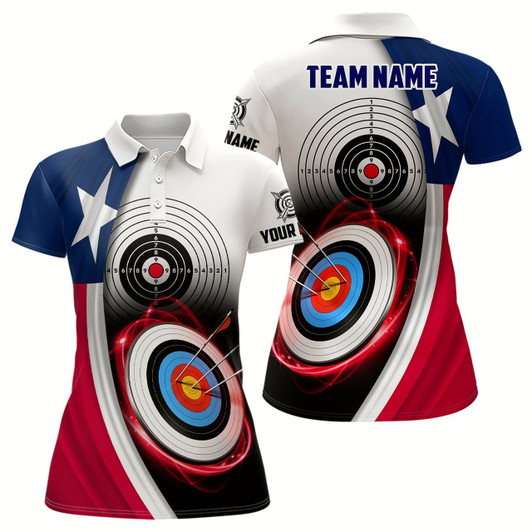 Goofygear Texas Flag Archery 3D Target Personalized Women Polo Shirts, Patriotic Texas Archery Jerseys For Team