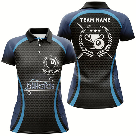 Goofygear Personalized Blue 8 Ball Pool Polo Shirts For Women, Custom Billiard 8 Ball Emblem Trophy Jerseys