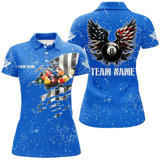 Goofygear Personalized Us Flag Billiard Balls 3D Polo Shirts For Women, Blue Billiard 8 Ball Wings Jerseys