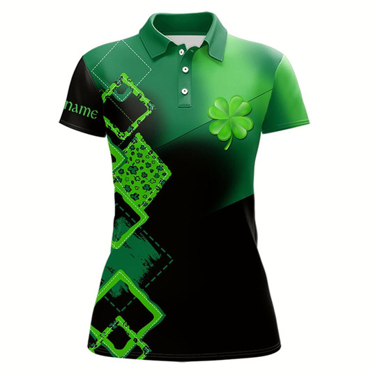 Goofygear Womens Golf Polo Shirts Custom Name Green Clover St Patrick Day Golf Shirts, Golfing Gifts Black