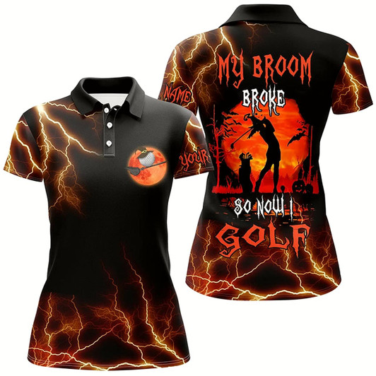 Goofygear Funny Black Lightning Halloween Golf Shirt Custom Women Golf Polo Shirt My Broom Broke So Now I Golf