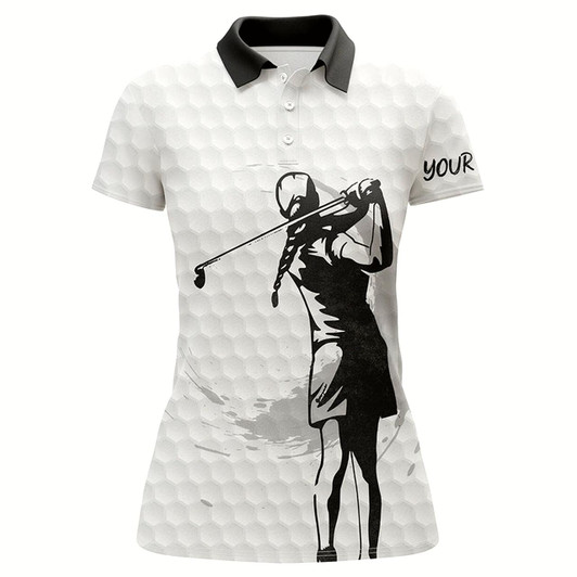 Goofygear Womens Golf Polo Shirt Custom Name Black And White Golf Ball, Golf Gift For Her