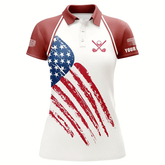 Goofygear Red, White And Blue American Flag Women Golf Polo Shirts Custom Patriotic Golf Outfits For Ladies