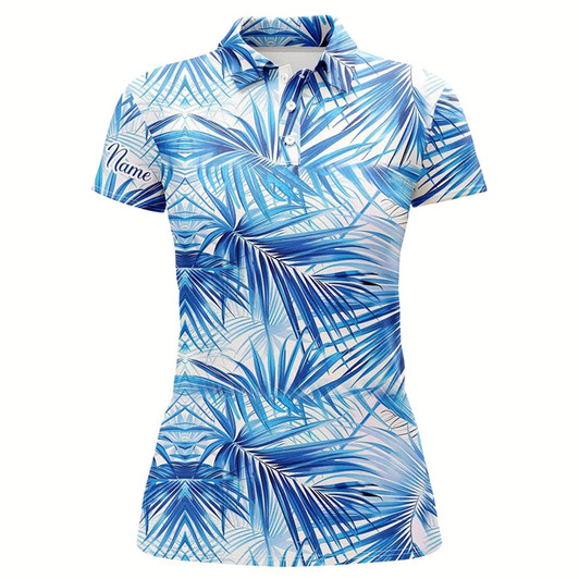Goofygear Women Golf Polo Shirts Custom Blue Tropical Pattern Golf Tops For Ladies, Golfing Gifts For Team