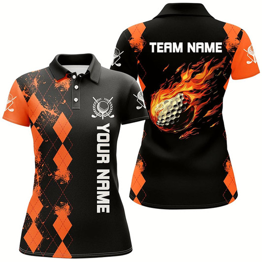 Goofygear Black Womens Golf Polo Shirts Custom Orange Argyle Pattern Flame Golf Ball Golf Tops For Team Ladies
