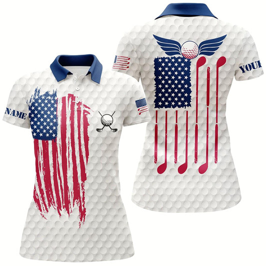 Goofygear Red, White And Blue Womens Golf Polo Shirts Custom Golf Clubs American Flag Patriotic Ladies Golf Tops