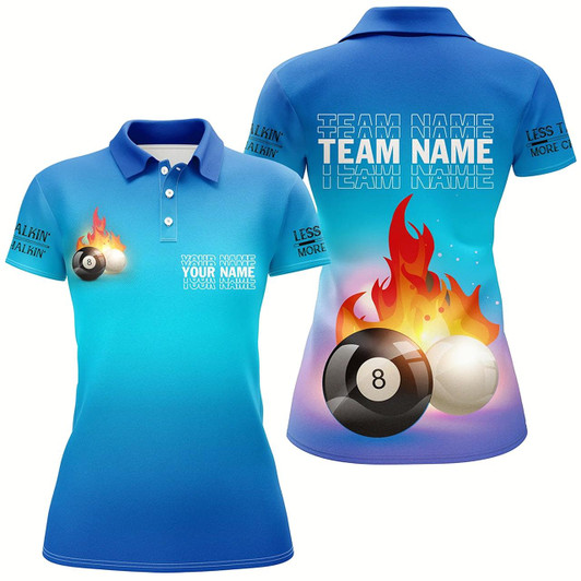 Goofygear Personalized 8 Ball And Cue Ball Pool Blue 3D Polo Shirts For Women, Custom Name Billiard Jerseys