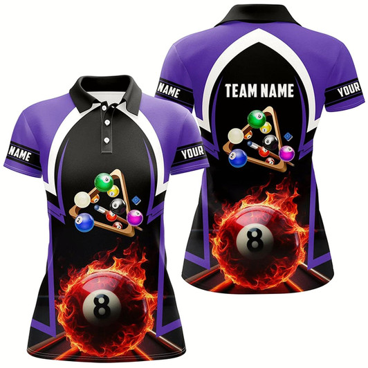 Goofygear 8 Ball Pool Fire 3D Personalized Purple Billiard Jerseys Women Polo Shirts Custom Pool Team Jerseys
