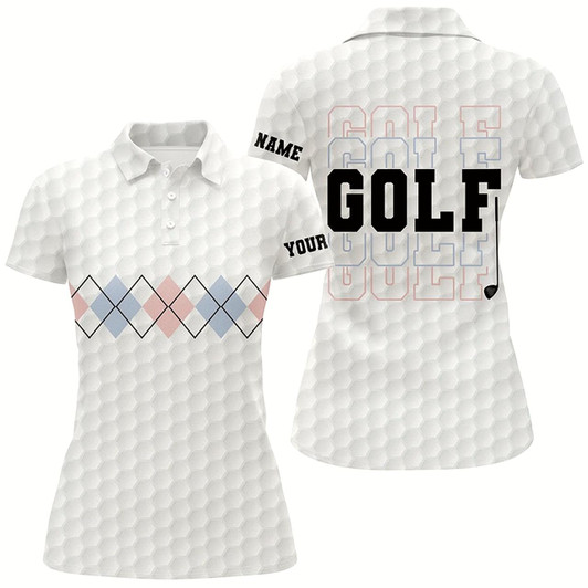 Goofygear Pink Blue Argyle Pattern Golf Polo Shirts Custom Cool White Golf Shirts For Women Golf Gifts