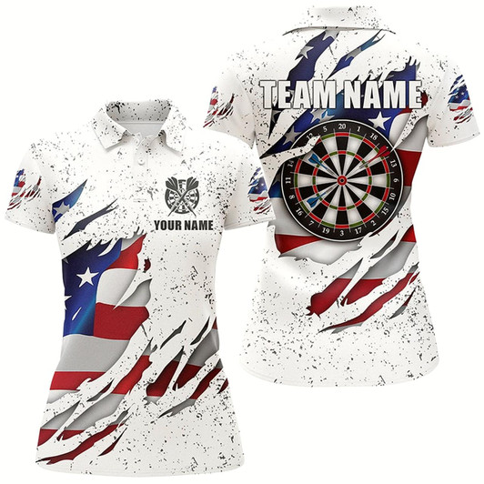 Goofygear Personalized White Grunge American Flag Darts Polo Shirts Custom Patriotic Dart Jerseys For Women