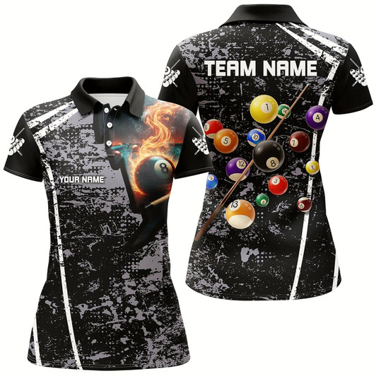Goofygear Personalized Grey Grunge Fire 8 Ball Billiard Polo Shirts For Women, 3D Pool Balls Billiard Jerseys